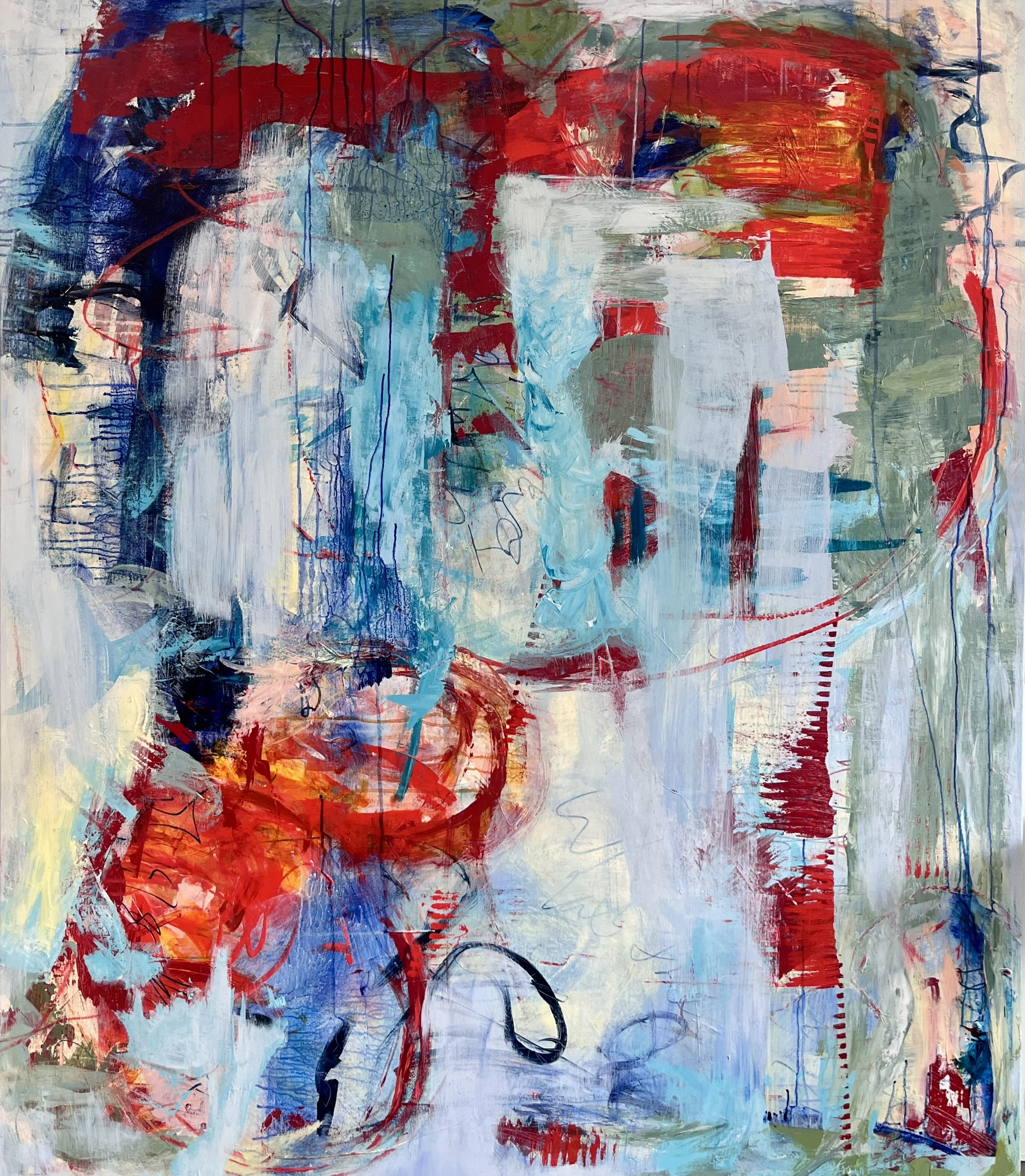 Abstract painting with bold red, blue, green, and white brushstrokes, lines, and shapes.