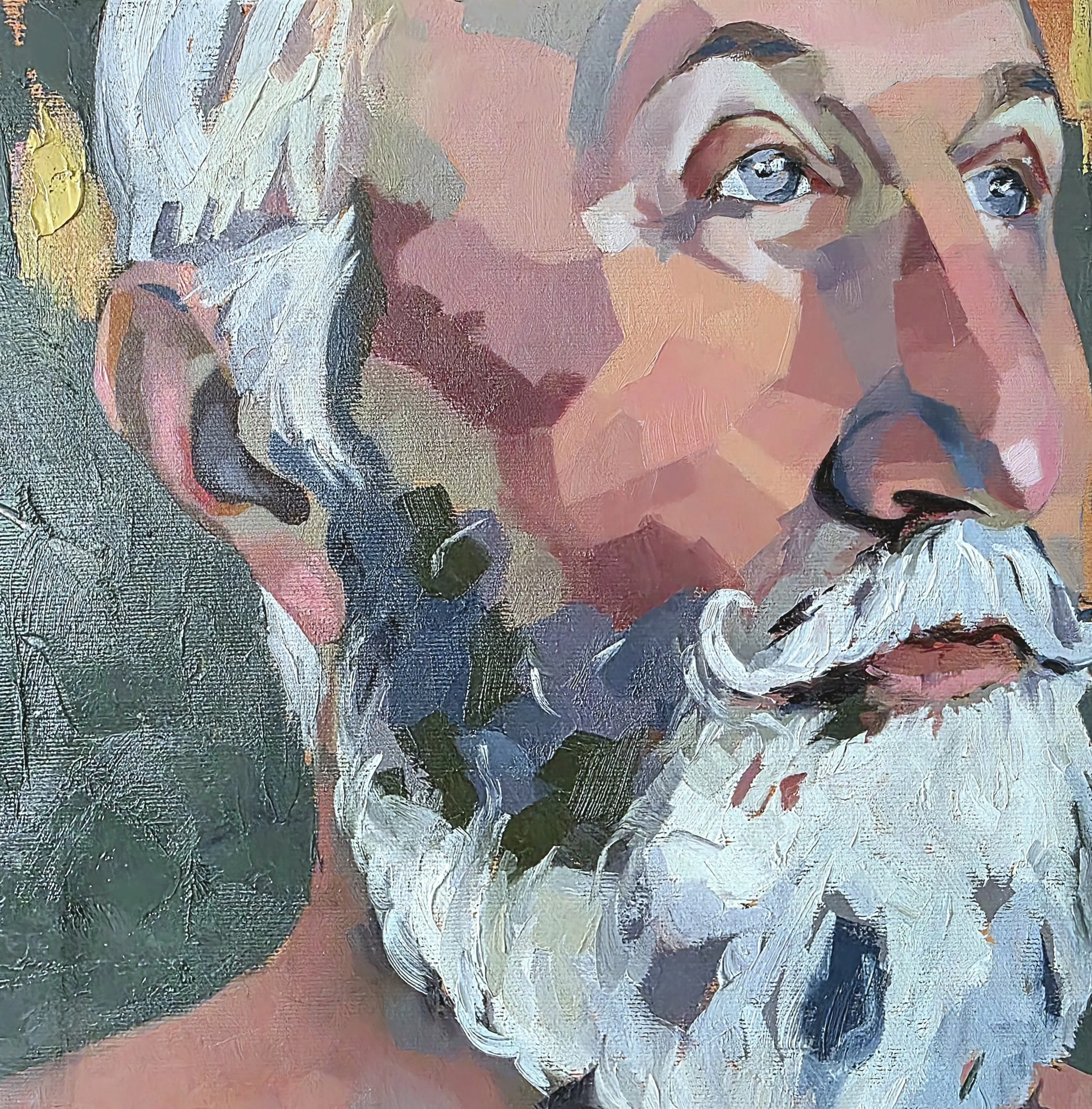 A colorful, abstract painting of an elderly man with a white beard and mustache, with only part of his face visible, focusing on his eye, nose, and beard.