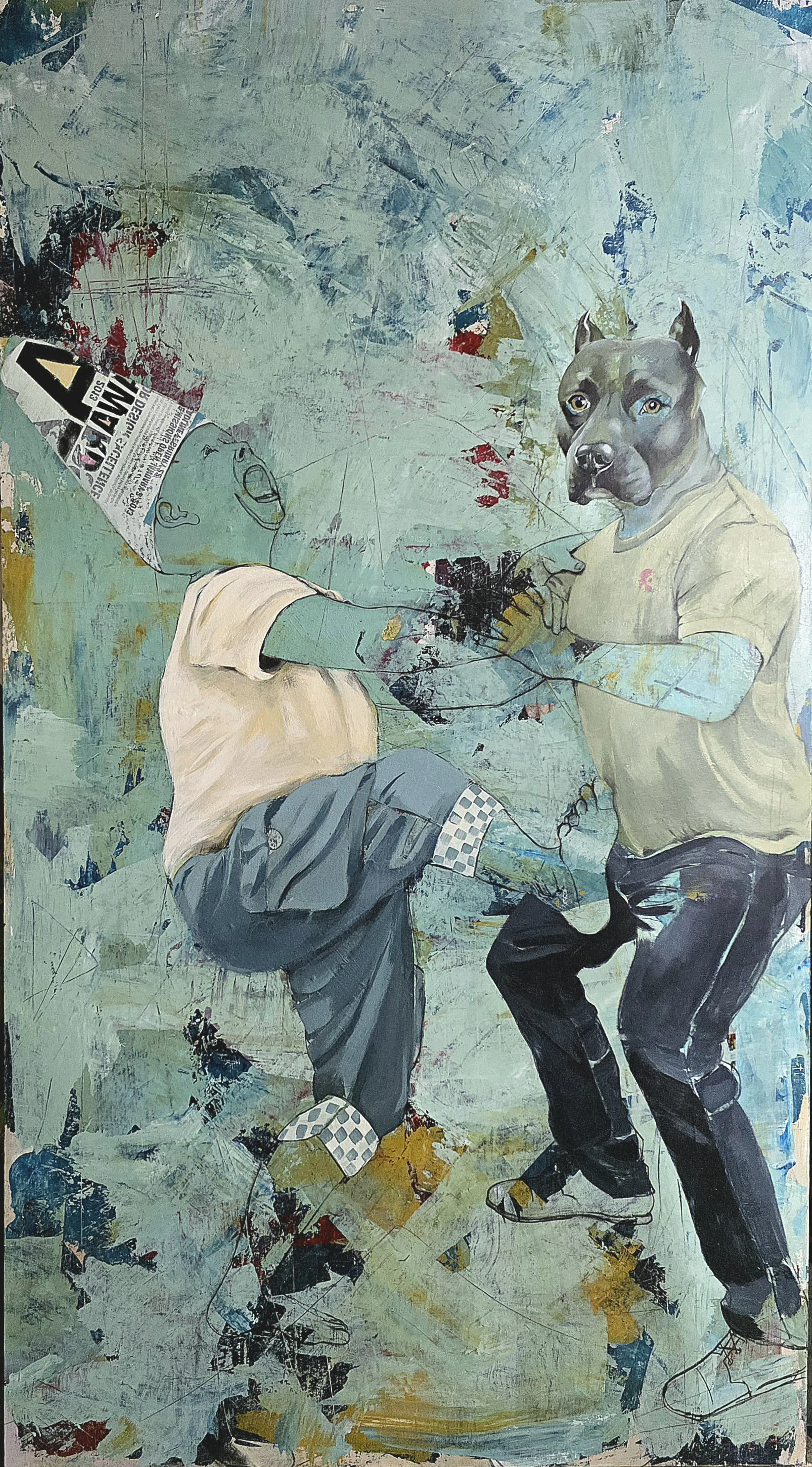 A colorful abstract painting of two figures with the body of a person and the head of a dog. One figure is wearing a newspaper cone hat, and they appear to be engaged in a playful fight or dance. The background features textured blue and green hues w
