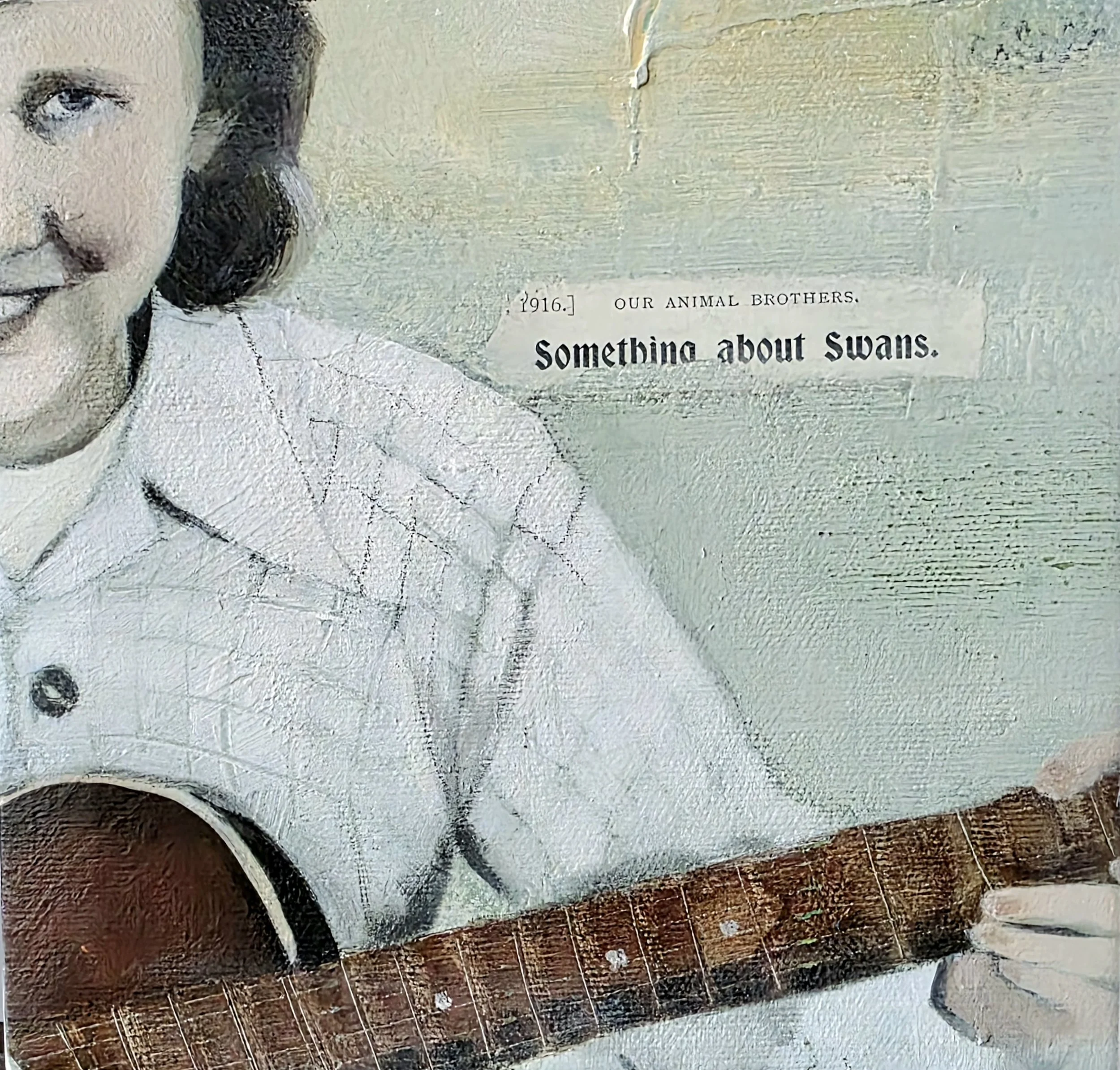 Partial view of a painted portrait of a woman holding a guitar, with a sign in the background that reads '1916. Our Animal Brothers. Something about Swans.'
