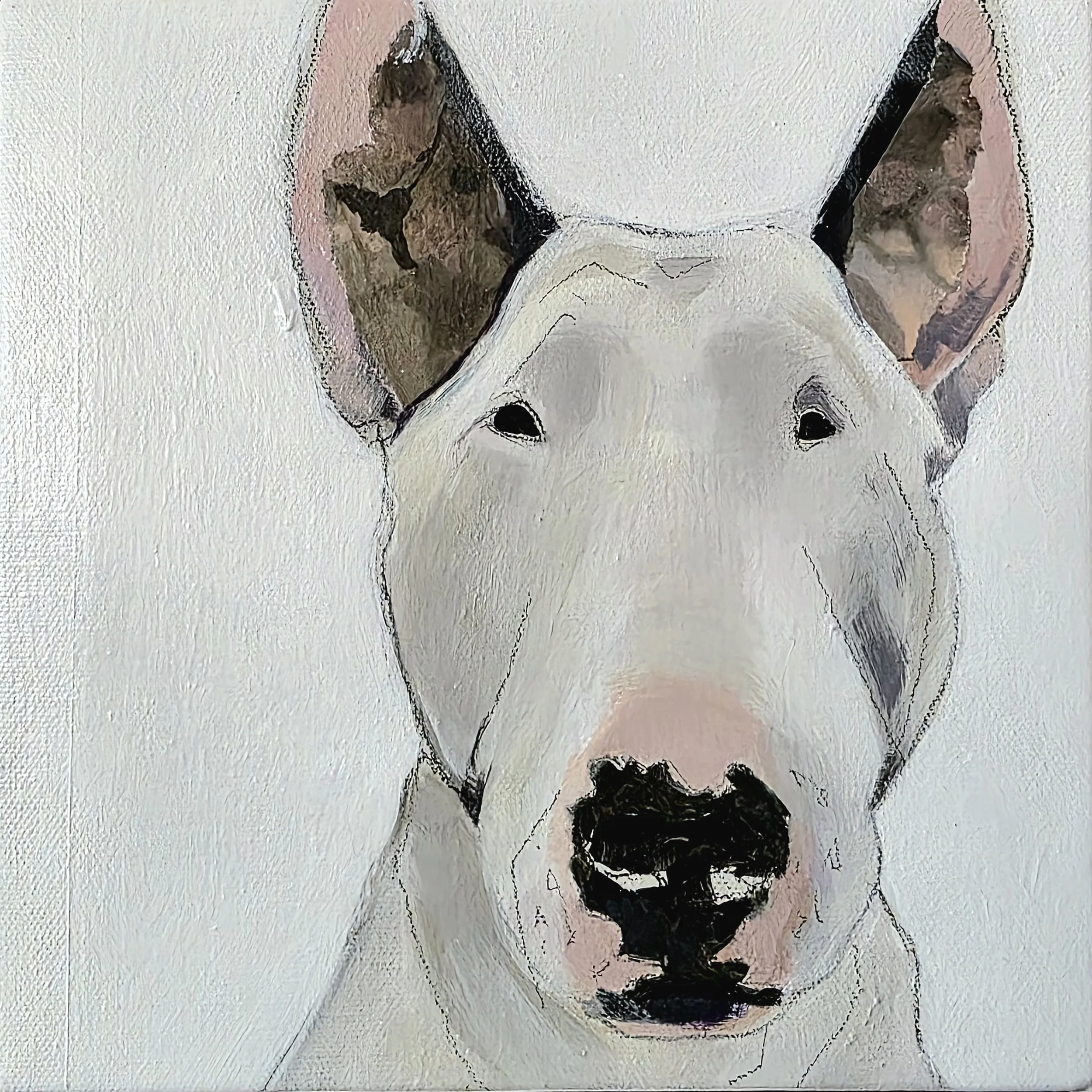 A painting of a dog's face with large ears, white fur, and black nose on a plain white background.