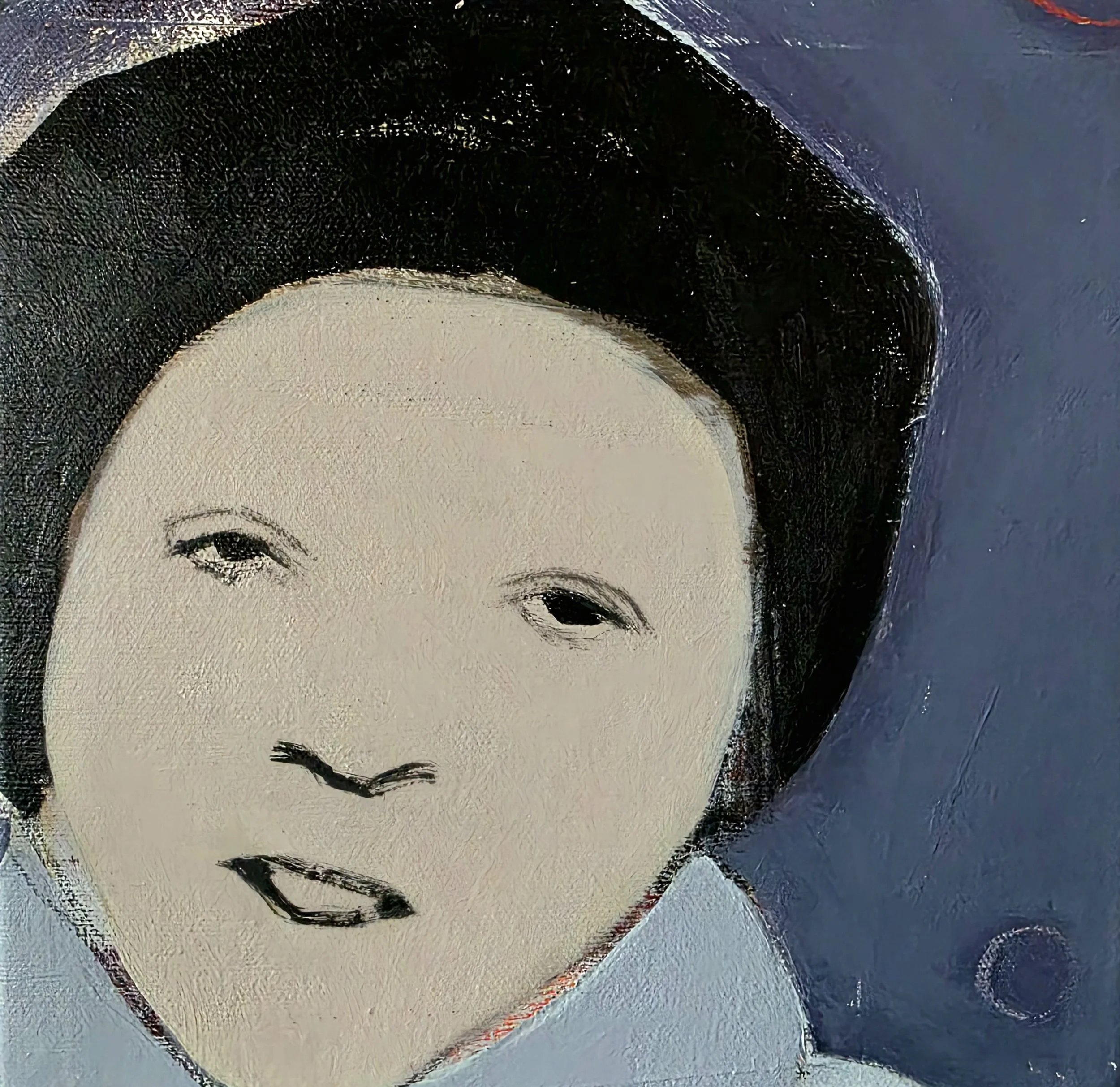 Close-up of a portrait painting of a woman with short black hair and a light skin tone, with one eye closed and the other slightly open, wearing a light-colored outfit against a dark background.