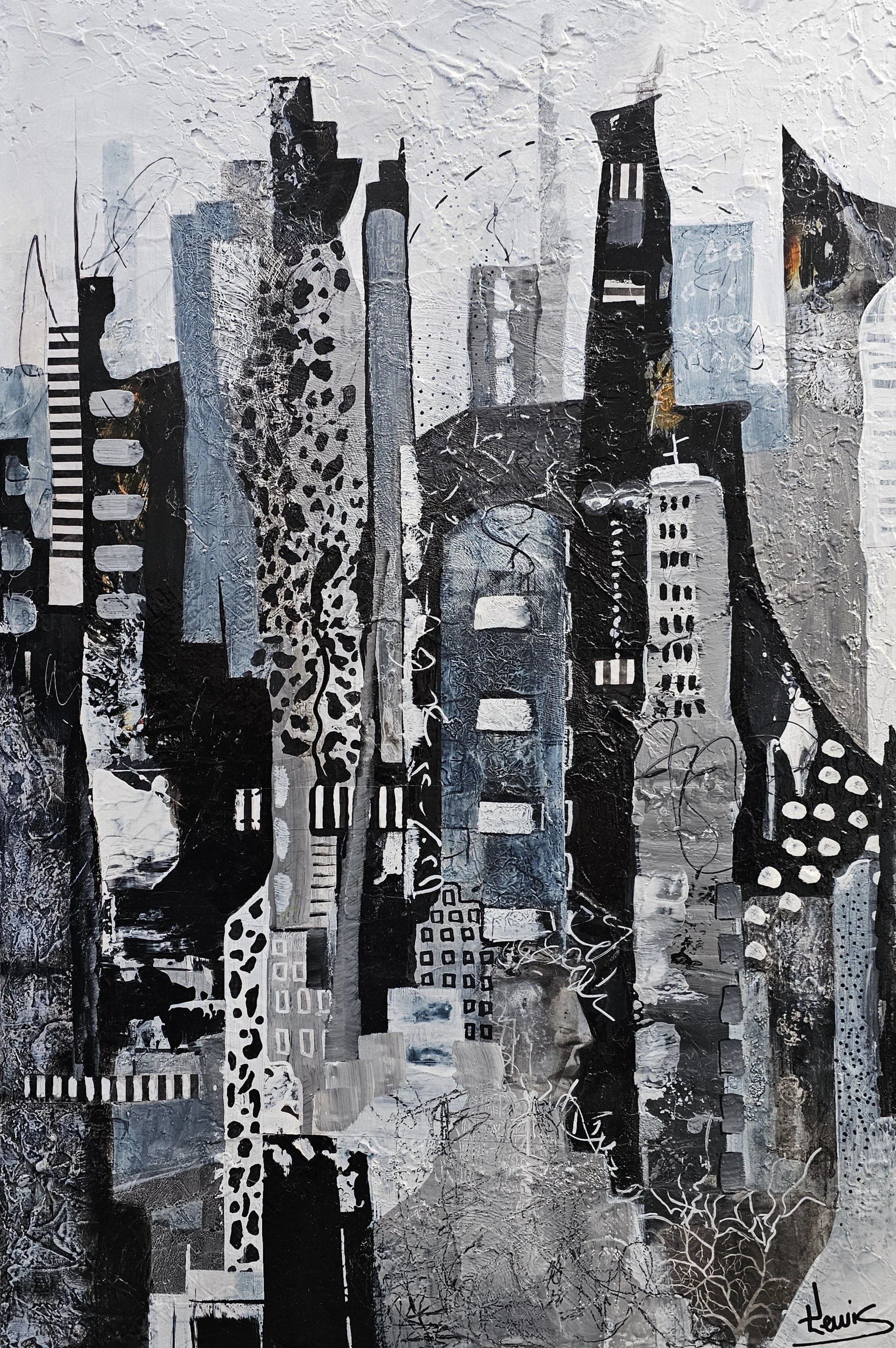 Abstract black, white, gray, and light blue cityscape with various tall buildings, some with patterns like spots and stripes, and textured, layered background.