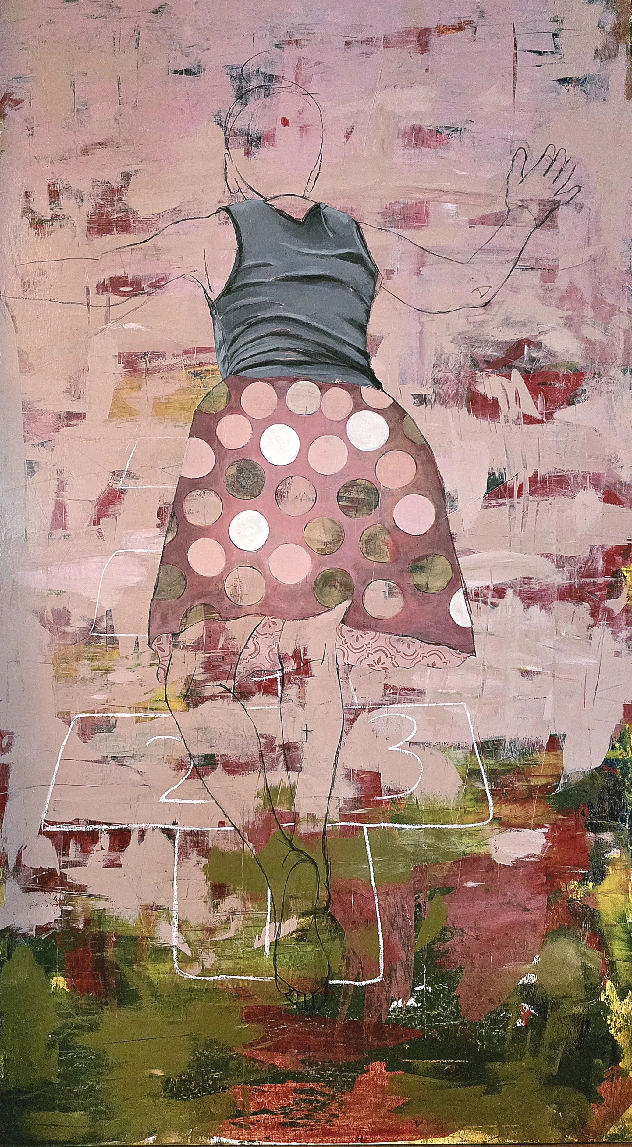 Mixed media artwork of a girl in a polka dot skirt, tank top, with a painted background and target-like marks underneath.