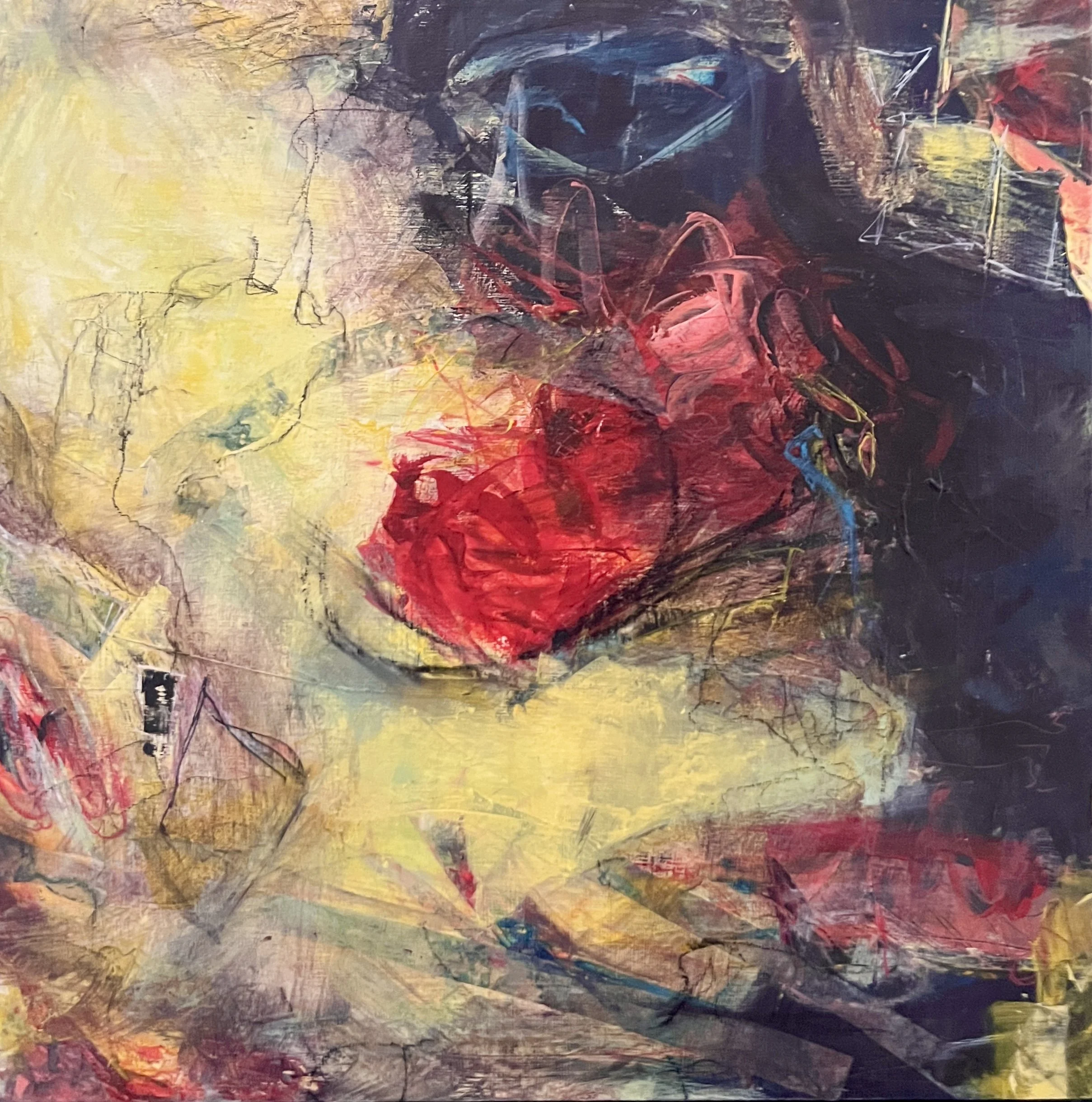 Abstract painting with bold red, yellow, black, and hints of blue colors, featuring swirling brushstrokes and layered texture.