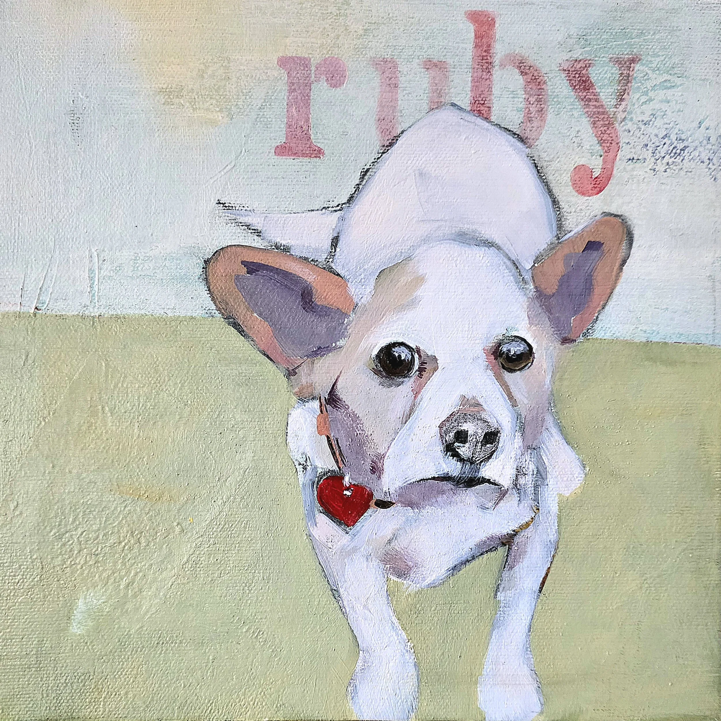 Painting of a small white dog with brown ears, a red heart-shaped collar tag, standing on a light green surface with a light-colored background featuring the partially visible red text "rully."