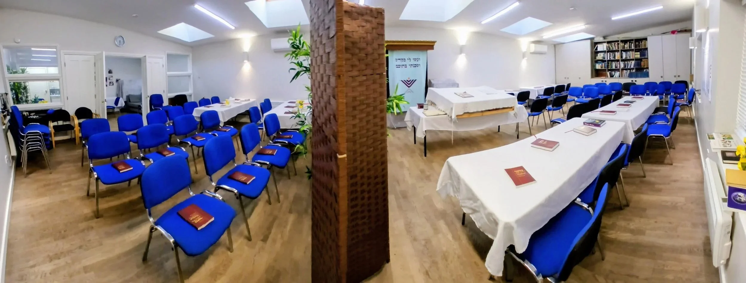 Prayer space prepared for Shul services at Chabad of Finchley