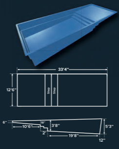 Fiberglass pool with detailed measurements and diagram.