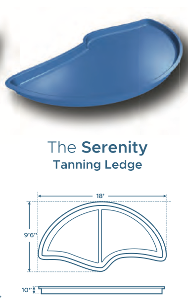 tanning ledge in a pool, with a diagram showing it is 18 feet wide, 9 feet 6 inches long, and 10 inches deep.