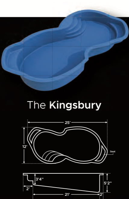 Diagram of the Kingsbury swimming pool with measurements and a top-down perspective.