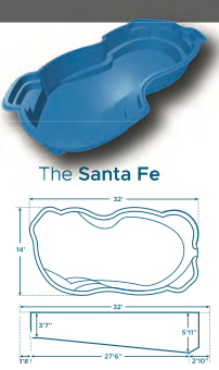 Pool with a wavy border and dimensions diagram labeled 'The Santa Fe' showing measurements in feet.