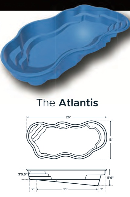 Diagram called The Atlantis, with measurements of 26 feet in length, 13 feet in width, and 5 feet 6 inches in depth.