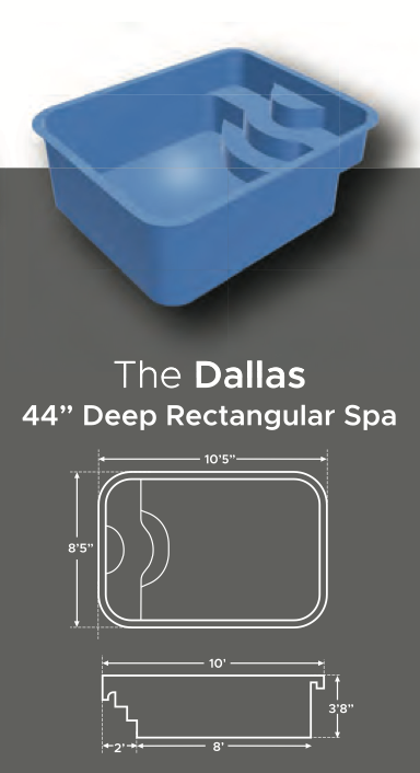 Blue rectangular hot tub with interior steps, dimensions 44 inches deep, 10.5 feet long, and 8.5 feet wide, with schematic diagram showing detailed measurements.