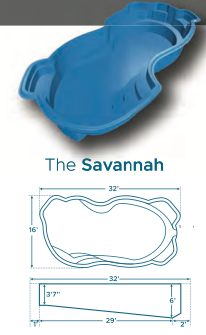 A diagram indicating its dimensions, called 'The Savannah,' measuring 32 feet long and 16 feet wide.