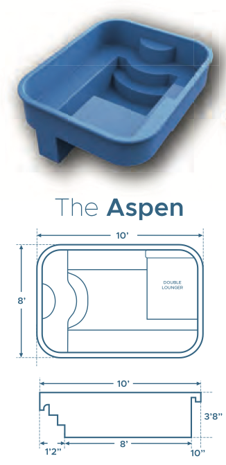 Spa with built-in lounge areas, 10 feet long and 8 feet wide, with a step entry and seating areas.