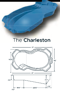 Diagram of the Charleston pool share with dimensions, with a rendered 3D model.