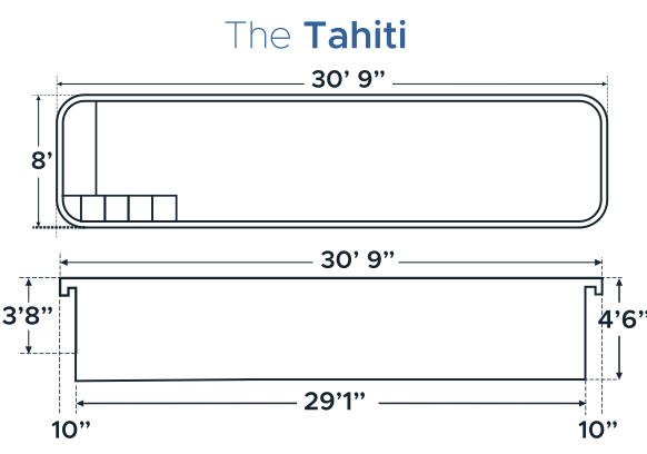 Drawing of a Aquatherapy Swim Spa called 'The Tahiti' with dimensions, 30 feet 9 inches long, 8 feet wide, and 4 feet 6 inches deep, including side and top views.