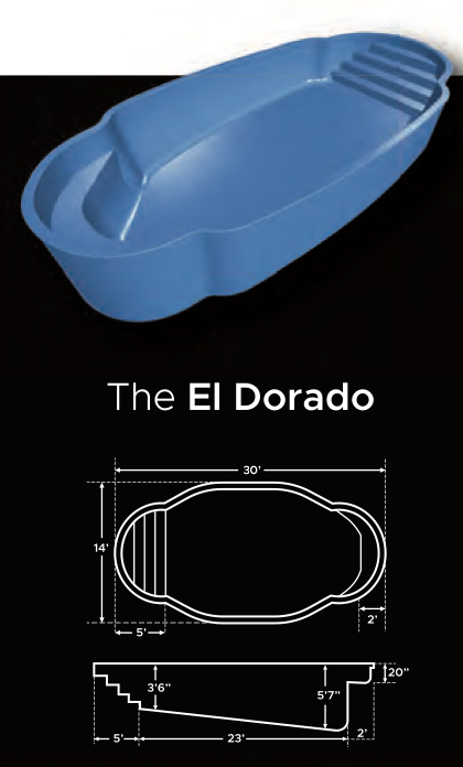 Fiberglass pool with dimensions and a plan view labeled 'The El Dorado'.