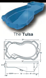 Diagram of a The Tulsa pool with measurements and a 3D view. This Pool is 37 feet long, and 6 feet deep!