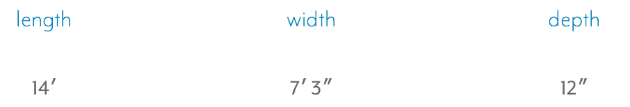 Diagram of a rectangular object with labeled measurements: length 14 feet, width 7 feet 3 inches, and depth 12 inches.