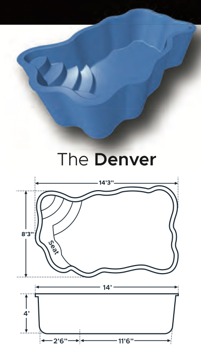 Diagram of with a rounded seat area, labeled 'The Denver,' size 14'3" by 8'3". Includes side and top views with detailed measurements.