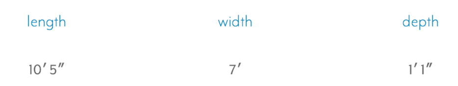 Diagram of a rectangular object with labeled dimensions: length 10'5", width 7', and depth 1'11".