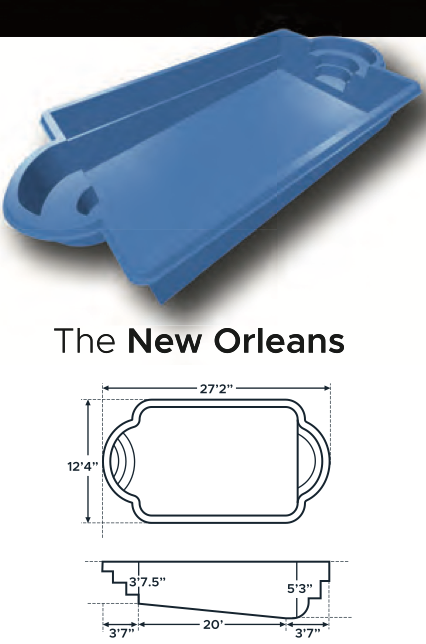 Labeled 'The New Orleans', this Fiberglass pool features two distinct sides with alcoves!