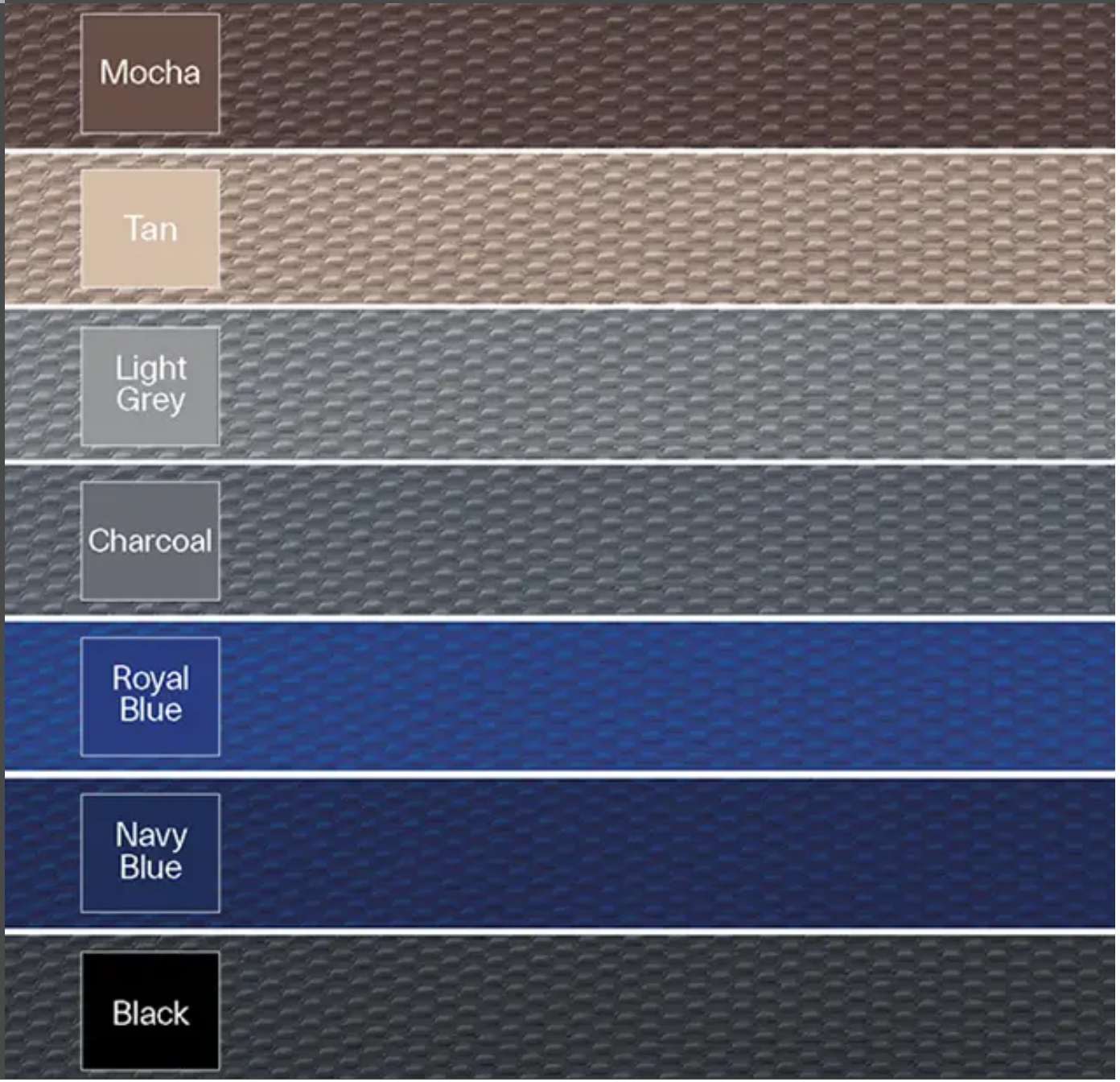 Six horizontal fabric swatches in different colors: mocha, tan, light grey, charcoal, royal blue, navy blue, and black. Perfect automatic pool covering for your Imagine pool!