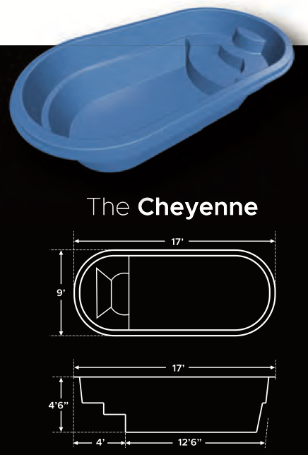 Blueprint drawing and a 3D model of a fiberglass pool called The Cheyenne, measuring 17 feet long and 9 feet wide, with detailed side and top views.