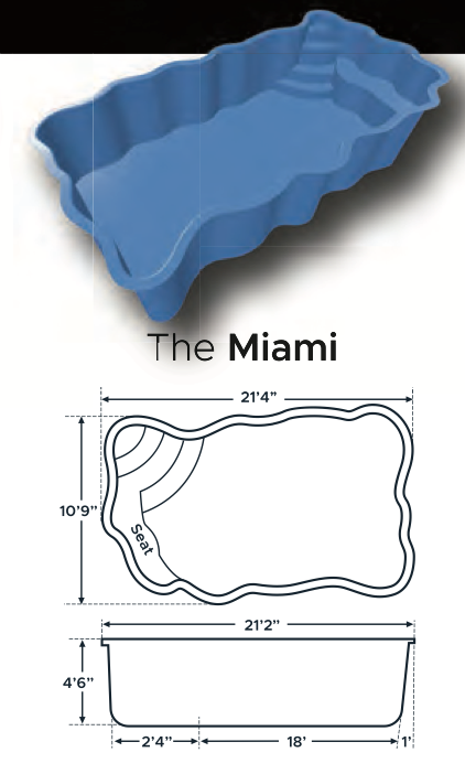 Blueprint and 3D model of an outdoor swimming pool named 'The Miami', featuring a freeform shape, with dimensions approximately 21 feet 4 inches in length, 10 feet 9 inches in width, and a depth of 4 feet 6 inches.