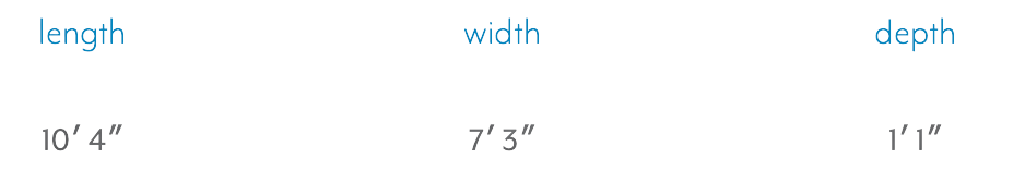 Diagram showing measurements of an object with length 10 feet 4 inches, width 7 feet 3 inches, and depth 11 inches.