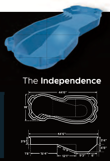 Diagram of a swimming pool called "The Independence" with measurements, at nearly 45 feet long, and reaching 5 feet deep!