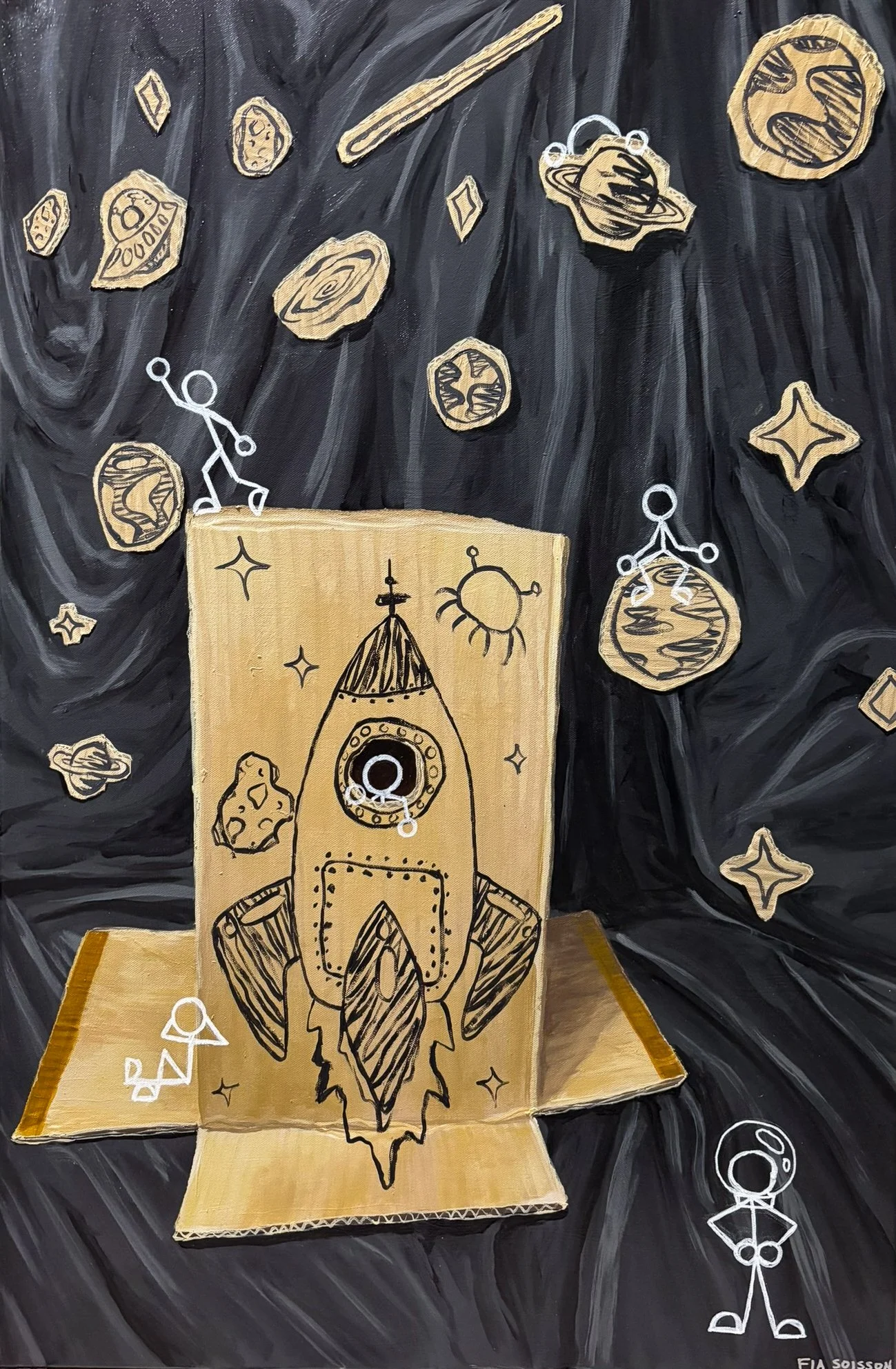 A painting of a cardboard rocket model with a gold and black color scheme, surrounded by floating rocks and space-themed doodles, on a black draped background.