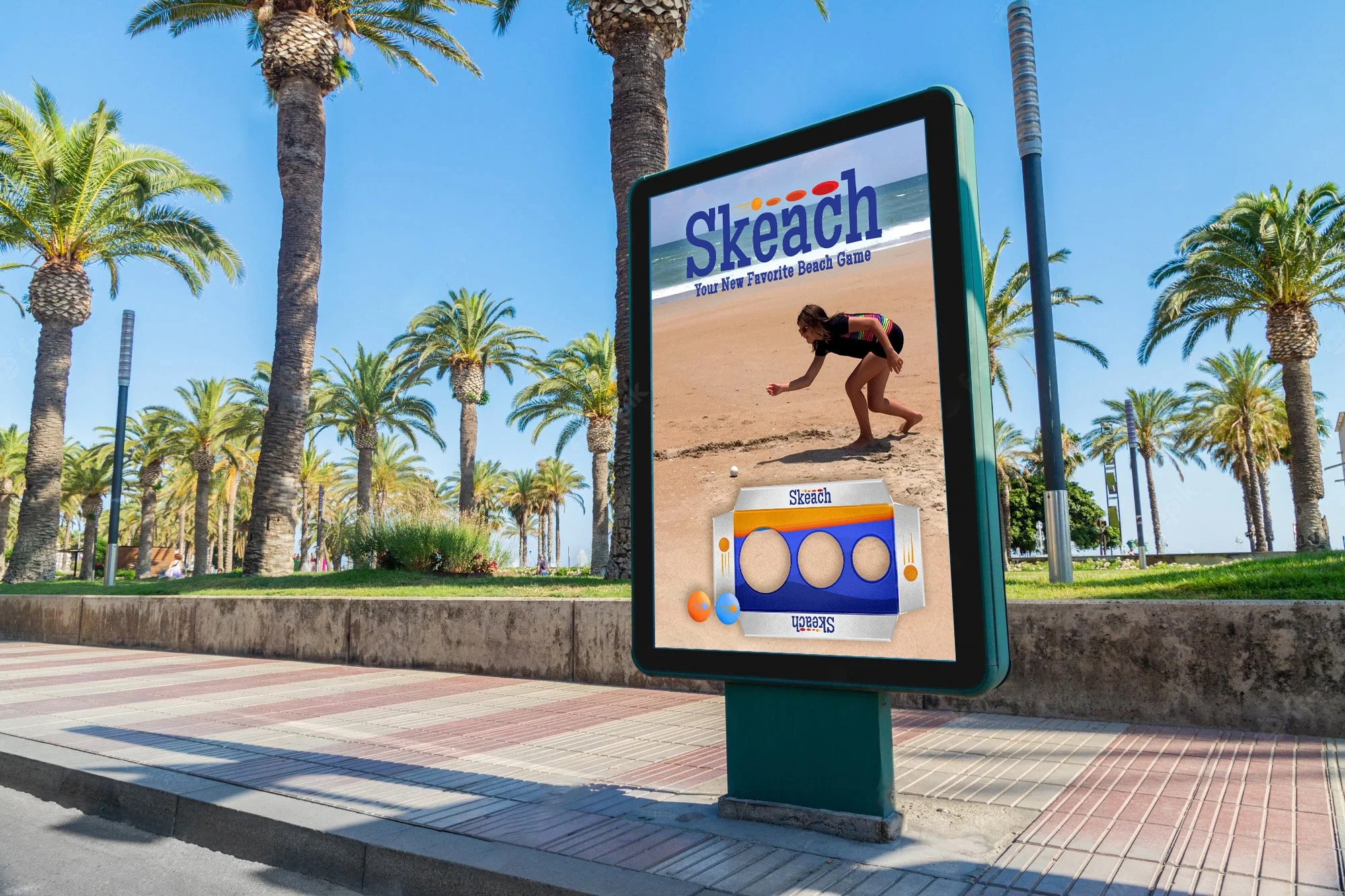 An outdoor billboard advertising the game Skeach, showing a woman playing a beach game by kneeling on the sand, with palm trees and a clear blue sky in the background.