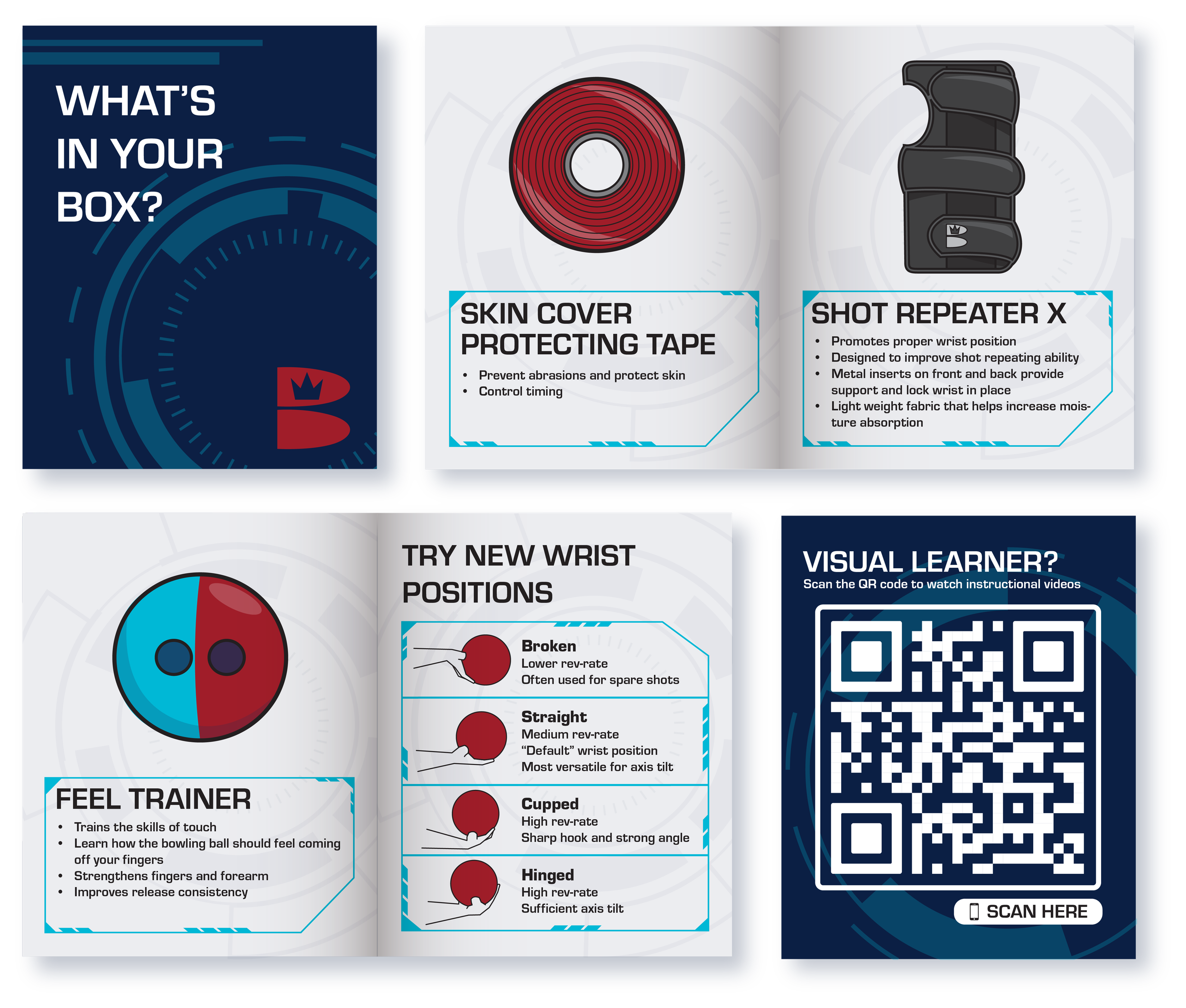 A colorful instructional guide about wrist training equipment and techniques. It features a circle graphic with two red and blue sections, a red tape roll, a black wrist brace, and a QR code for instructional videos. Sections include 'What's in your box?', 'Skin cover protecting tape', 'Shot Repeater X', 'Try new wrist positions' with details on broken, straight, cupped, and hinged positions, and a 'Visual Learner' section with a QR code.