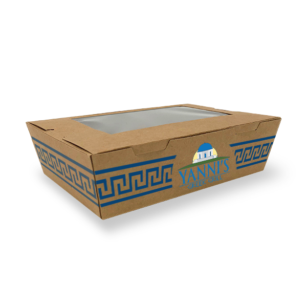 A rectangular brown cardboard takeout box with a clear plastic window on top, decorated with Greek key patterns in blue, and a logo in the center reading "Yanni's Greek Grill" with a graphic of a white building with a blue dome.