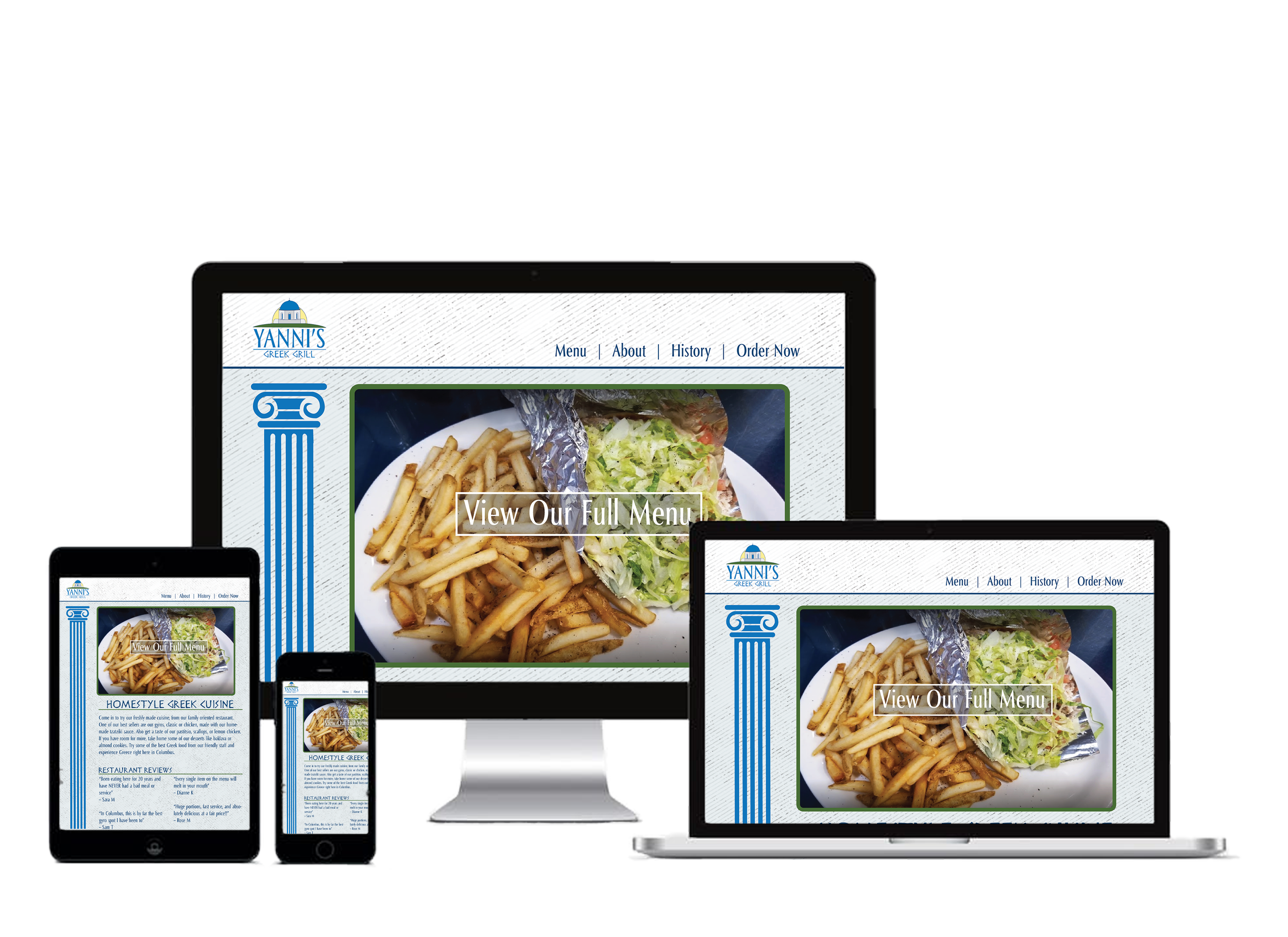 Multiple electronic devices displaying a restaurant website with a photo of a plate of food, including fries and salad, with a "View Our Full Menu" overlay.