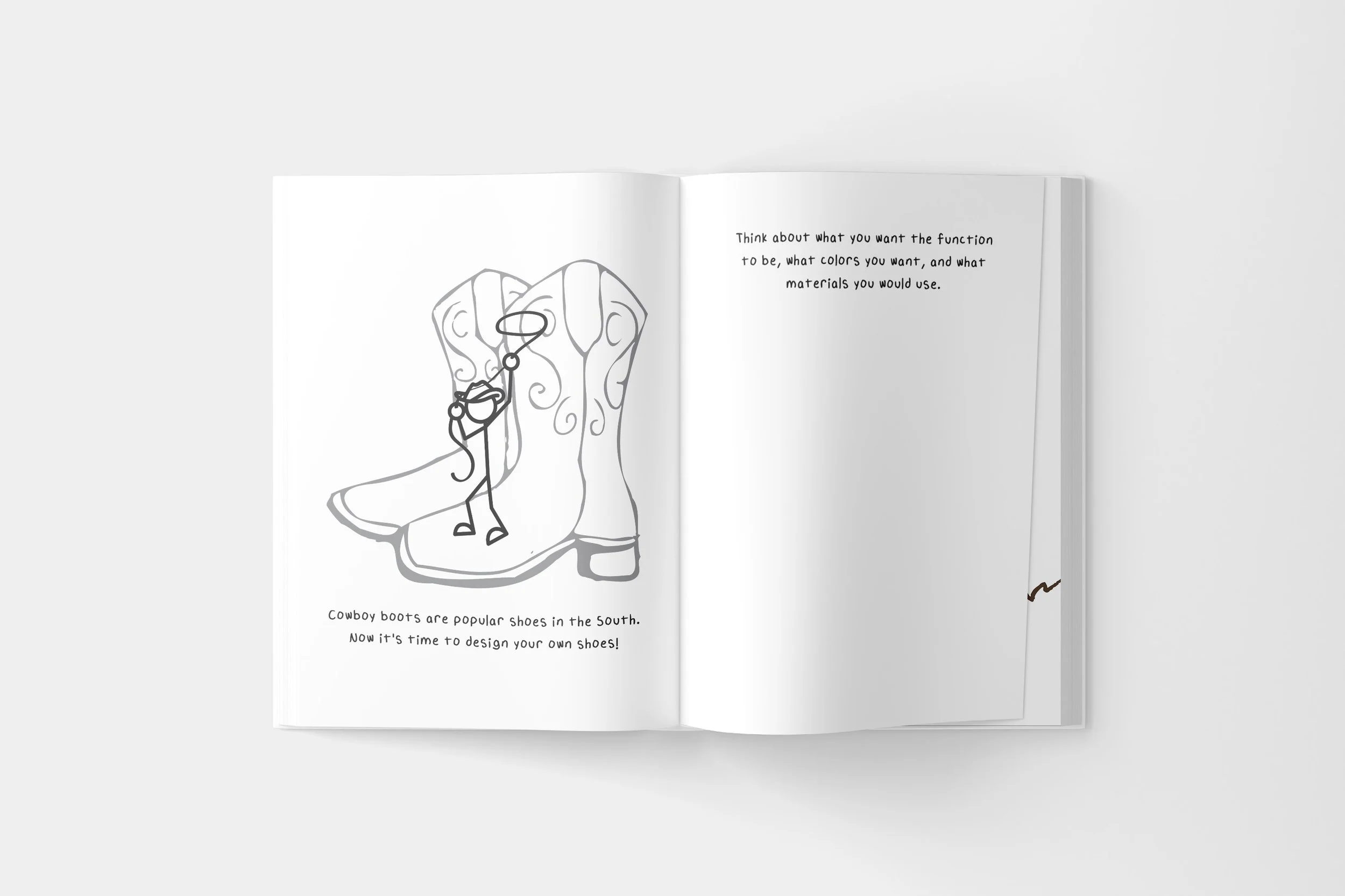 Open activity book with line drawing of cowboy boots and a stick figure, with text instructing to think about the function, colors, and materials of shoes, and a caption mentioning cowboy boots as popular shoes in the South.