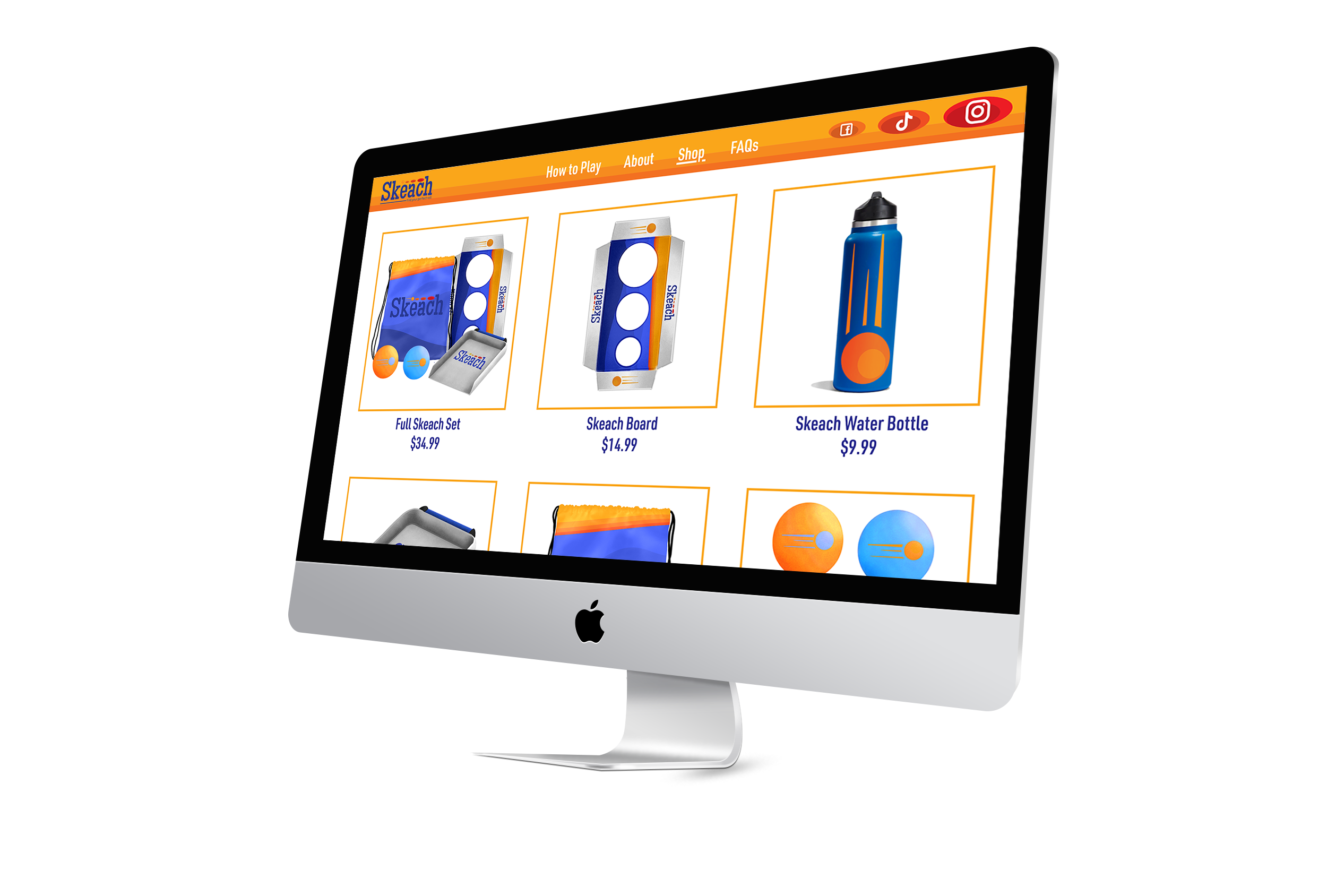 An Apple iMac computer displaying an online store for Skeach brand sports equipment, showing products like a full Skeach set, Skeach board, and Skeach water bottle.