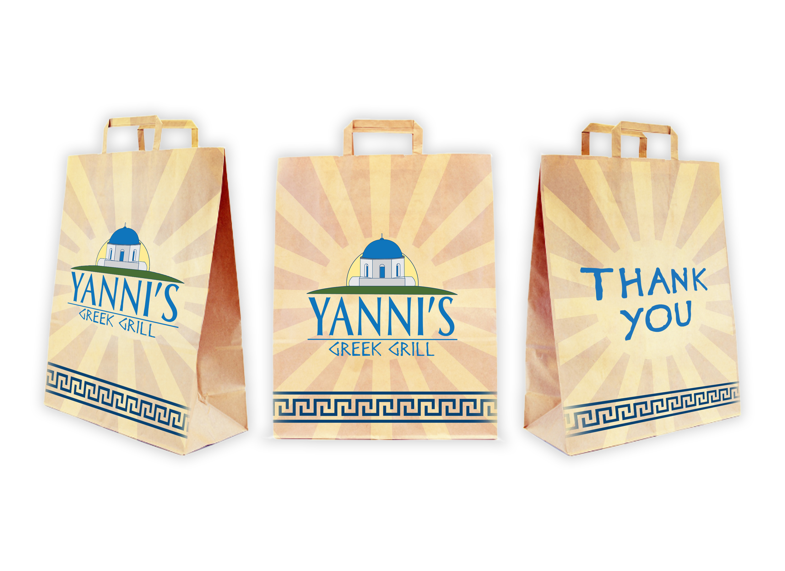 Three paper bags from Yanni's Greek Grill, with a logo of a Greek church with a blue dome, and the words "Yanni's Greek Grill," one bag says "Thank You."
