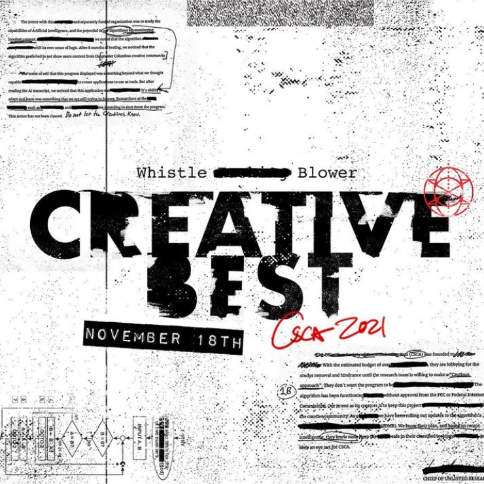 Black and white poster with the words "Creative Best" in large bold letters, the date "November 18th", the phrase "Whistle Blower" at the top, and a red geometric symbol on the right side. The poster has a grunge style with scattered black dots and scribbled annotations.