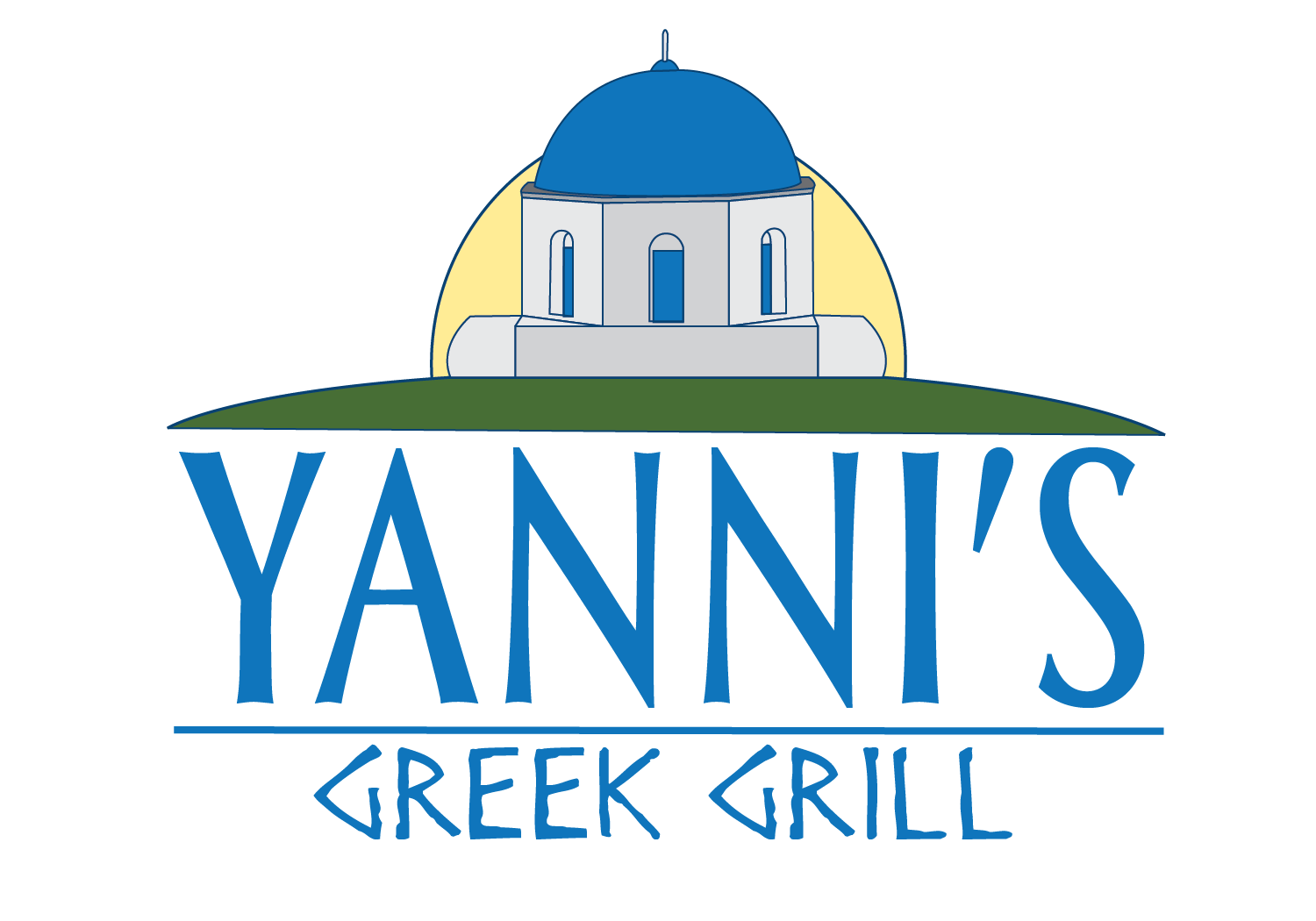 Logo for Yanni's Greek Grill featuring a white and blue Greek church with a blue dome, set against a yellow semicircle, with the restaurant name in large blue letters and a green hill underneath, and "Greek Grill" written below.