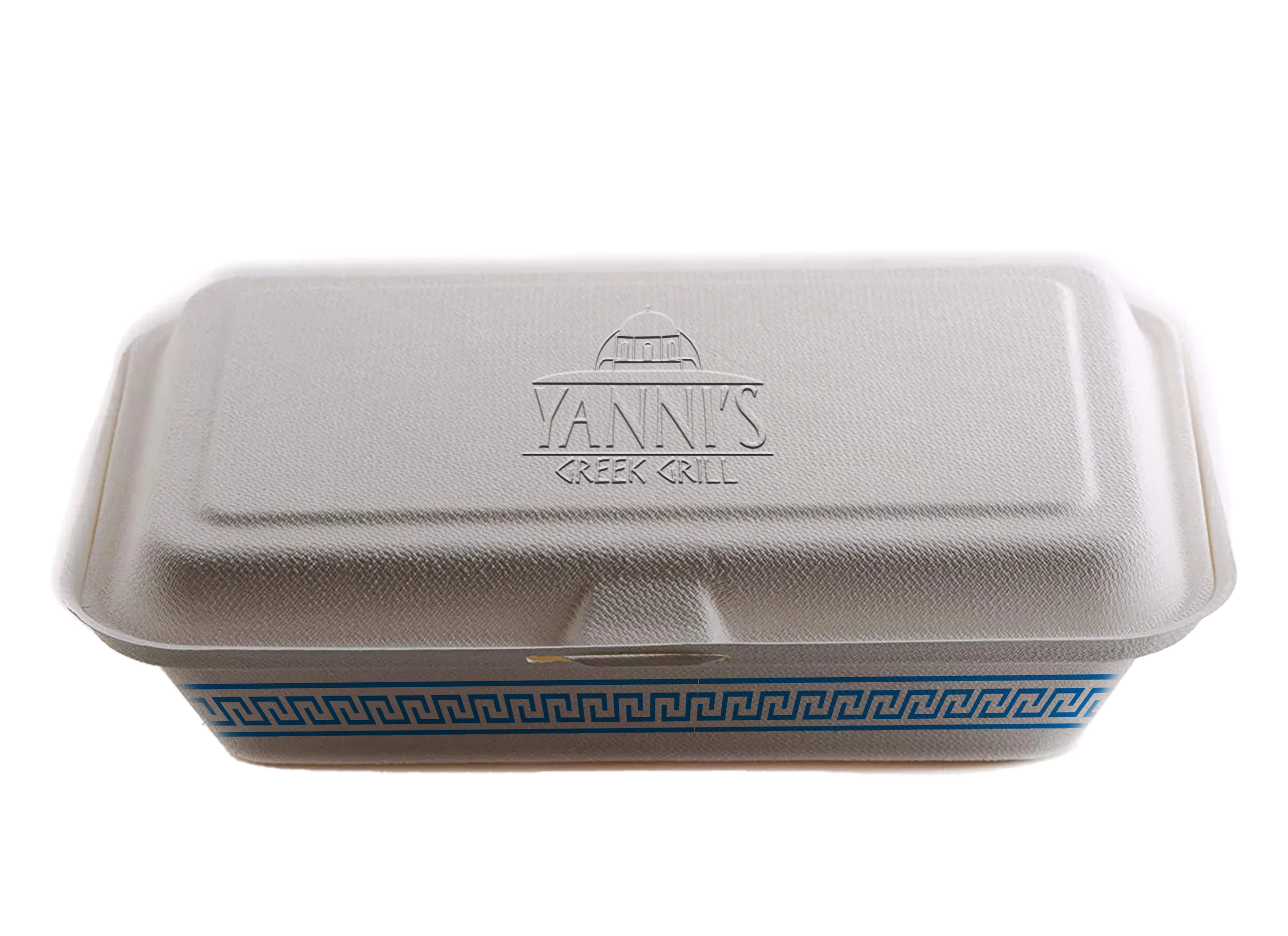 White foam takeout container with 'Yanni's Greek Grill' embossed on the top and a Greek key pattern along the side.