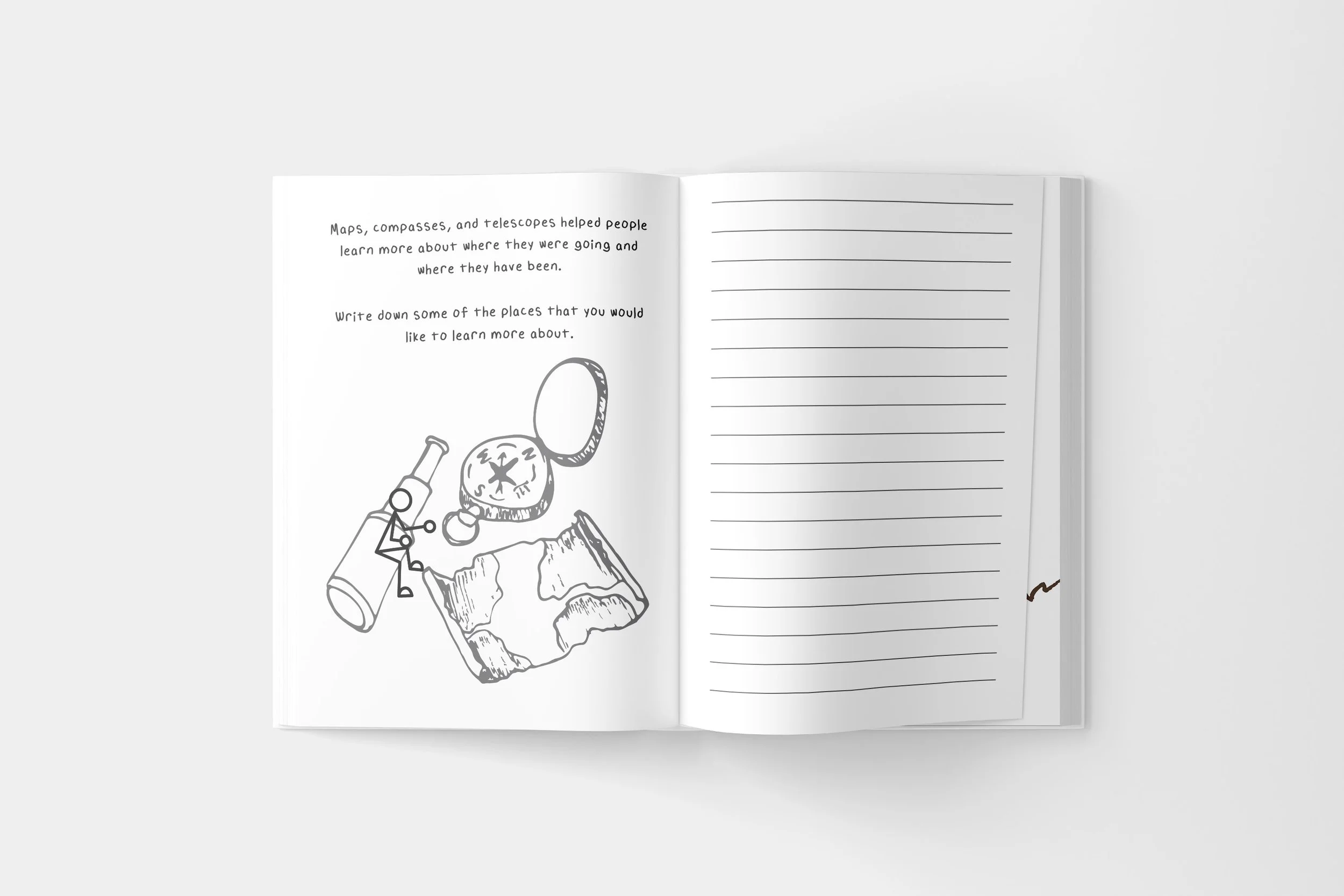 Open notebook with line drawings of a telescope, a compass, a map, and a magnifying glass on the left page, and lined space for writing on the right page.