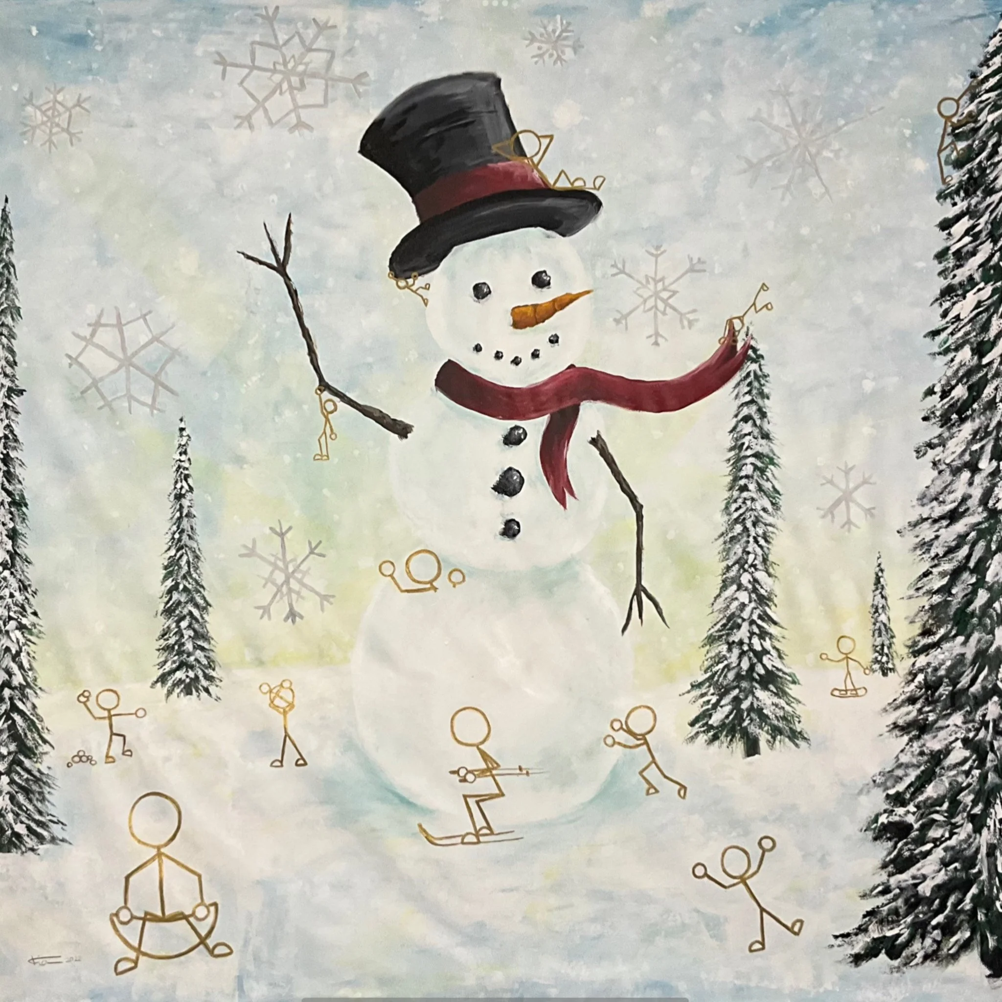 A painting of a snowman wearing a black top hat with a red band, a red scarf, and stick arms, surrounded by snow-covered evergreen trees. The snowman has a carrot nose, black eyes, and a smiling mouth made of stones, with snowflake patterns in the background. Several simple, gold-colored stick-figure sketches of children playing in the snow are depicted at the bottom of the painting.