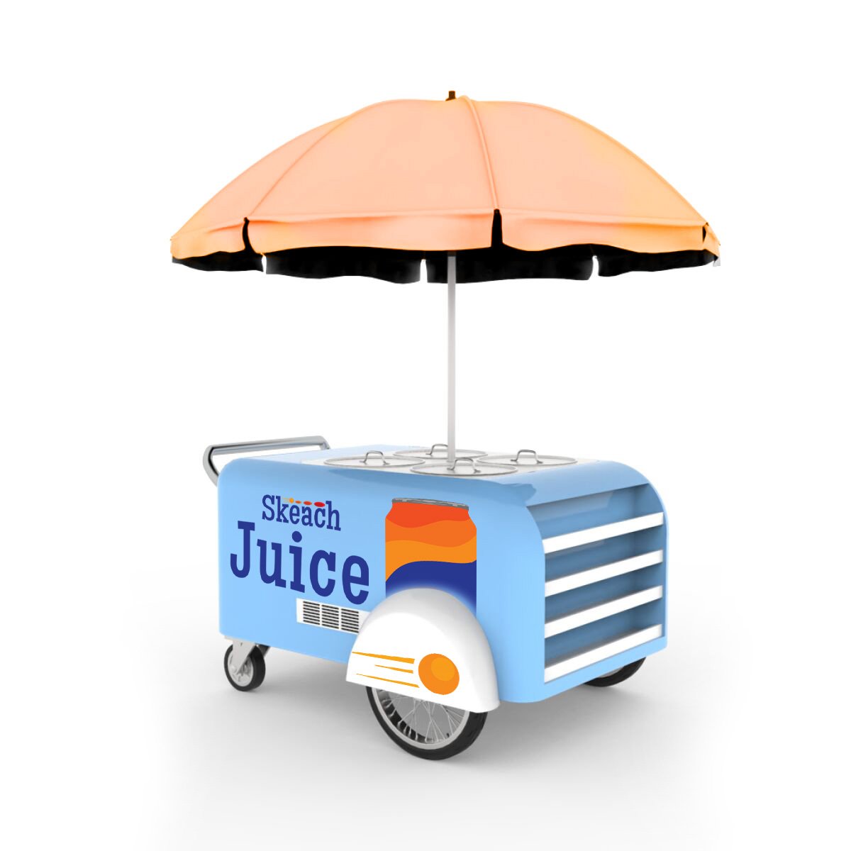 A blue juice cart labeled "Skeach Juice" with an orange and blue can graphic, fitted with a large pink and orange umbrella on top.