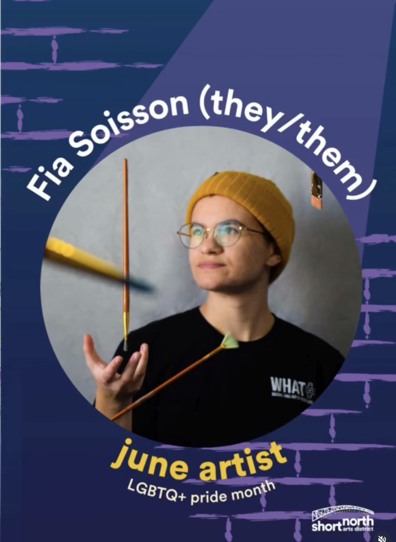 Poster featuring a person with yellow beanie and glasses, holding an arrow, celebrating LGBTQ+ pride month in June, with the text 'Fia Soisson (they/them) June artist' and the Short North Arts District logo.