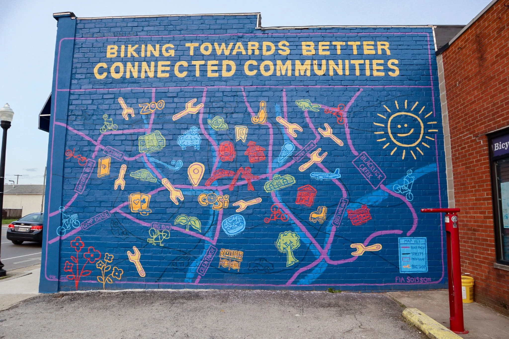 "Connecting Communities"  -
I was commissioned by Franklinton Cycle Works to create this 26ft x 15ft mural depicting the bike paths in central Ohio. I was awarded the GCAC Mural Assistance Grant, which allowed me to buy supplies for this mural.