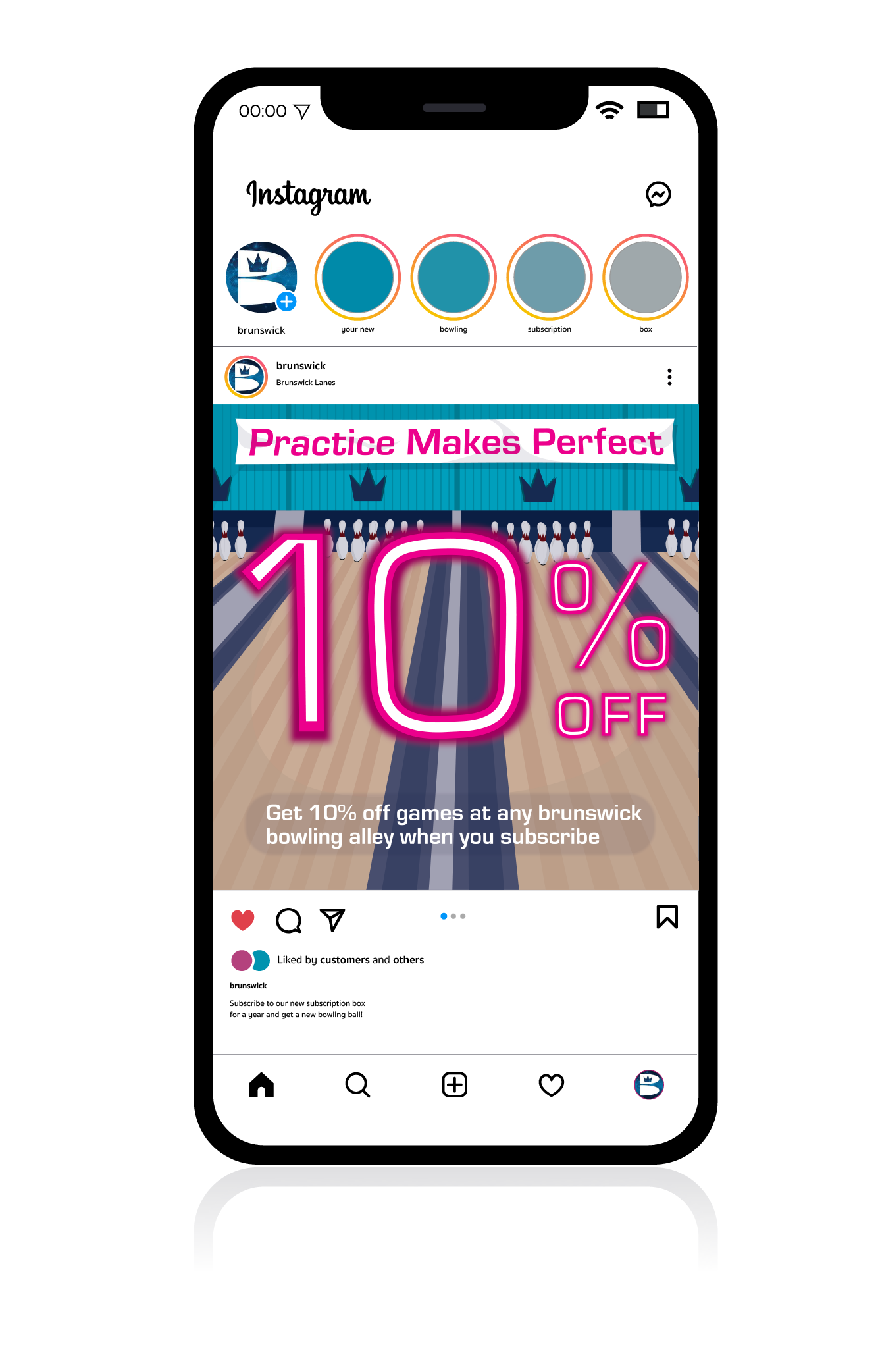 Instagram advertisement promoting a 10% discount on games at Brunswick Bowling Alley for subscribers, featuring bowling imagery and promotional text.