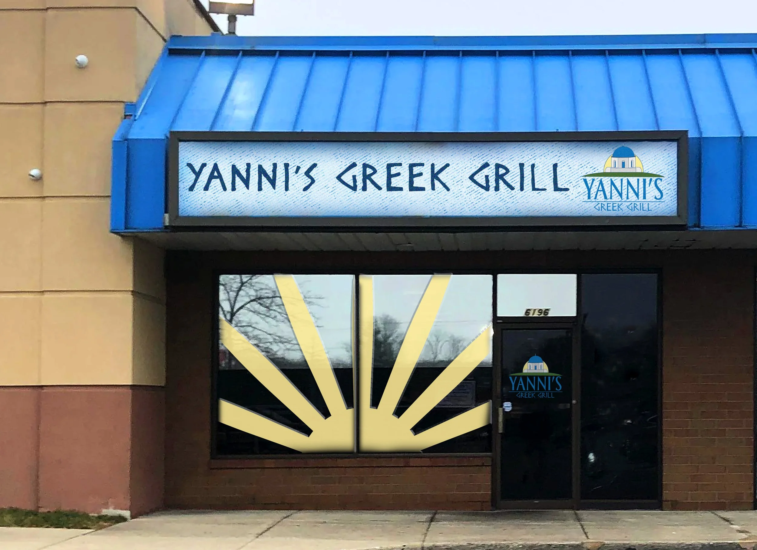 The storefront sign for Yanni's Greek Grill, with a blue awning and a sunset graphic on the window.